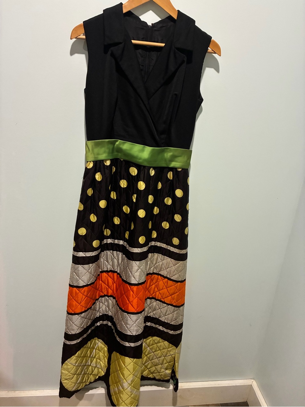 Vintage Homemade Sleeveless V-Neck Dress with Multicolor Quilted Skirt